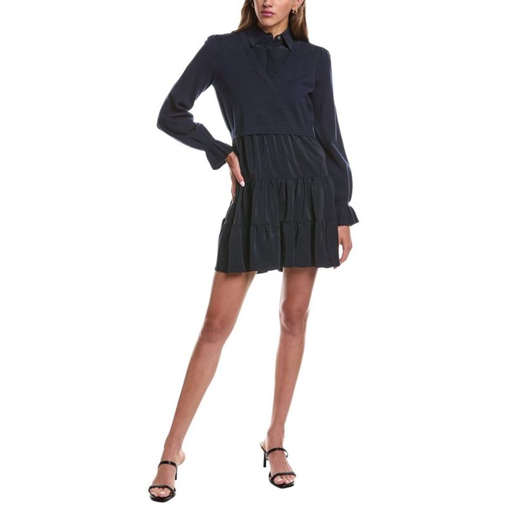 Cinq À Sept Womens  Knit Combo Luciana Silk-Trim Dress, Navy